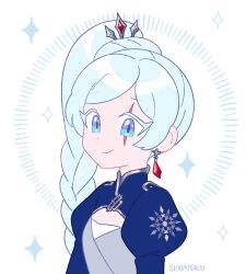 Rule 34 | 1girl, artist name, blue dress, blue eyes, braid, braided ponytail, closed mouth, cropped torso, dress, earrings, highres, jewelry, long hair, ponytail, rwby, scar, scar across eye, shrimperini, solo, sparkle, tiara, weiss schnee, white background, white hair