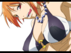 Rule 34 | 1girl, armpits, bare shoulders, bikini, breasts, cleavage, covered erect nipples, female focus, jewelry, kyabakurabakufu, large breasts, letterboxed, licking lips, nami (one piece), naughty face, necklace, o-ring, o-ring bikini, one piece, one piece: strong world, orange hair, red eyes, short hair, simple background, solo, striped bikini, striped clothes, swimsuit, tongue, tongue out, underboob