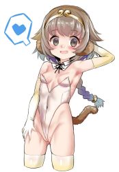 Rule 34 | 1girl, :d, animal ears, areola slip, blush, braid, breasts, brown eyes, brown gloves, brown hair, brown thighhighs, circlet, covered navel, cropped legs, elbow gloves, fang, gloves, gluteal fold, gradient gloves, groin, hair ornament, heart, highleg, highleg leotard, leotard, long hair, looking at viewer, mole, monkey ears, monkey girl, monkey tail, open mouth, original, partially visible vulva, simple background, single braid, skindentation, small breasts, smile, solo, spoken heart, strapless, strapless leotard, tail, thighhighs, unname, very long hair, white background, white gloves, white leotard