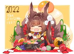 Rule 34 | 1girl, 2022, :d, ^ ^, amagi-chan (azur lane), animal ears, azur lane, bento, blunt bangs, brown hair, chopsticks, closed eyes, commentary request, eating, food, fox ears, fox girl, fox tail, fruit, hair ornament, holding, holding chopsticks, japanese clothes, kadomatsu, kagami mochi, kimono, kitsune, kyuubi, long hair, long sleeves, looking at viewer, mandarin orange, multiple tails, new year, off shoulder, open mouth, putimaxi, rope, shimekazari, shimenawa, sidelocks, simple background, sitting, smile, solo, tail, thick eyebrows, translation request, twintails, wide sleeves