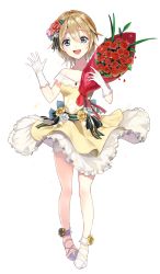 Rule 34 | 1girl, absurdres, bare shoulders, blonde hair, blue eyes, bouquet, breasts, commentary, derori, dress, flower, frilled dress, frills, full body, gloves, hair flower, hair ornament, hands up, highres, holding, holding bouquet, layered dress, looking at viewer, mahou tsukai to kuroneko no wiz, off-shoulder dress, off shoulder, petals, pigeon-toed, red flower, red rose, rose, rose petals, short hair, small breasts, solo, sparkle, standing, tareme, white flower, white footwear, white gloves, white rose, wrapper, yellow dress, yellow flower, yellow rose