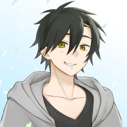 Rule 34 | 1boy, absurdres, b (bgoldmole), black hair, black shirt, casual, collarbone, gradient background, grey hoodie, grin, hair between eyes, hair ornament, hairclip, highres, hood, hood down, hoodie, kagerou project, light blue background, long bangs, looking at viewer, male focus, mekakucity actors, open clothes, parted lips, seto kousuke, shirt, short hair, smile, solo, t-shirt, teeth, upper body, white background, yellow eyes