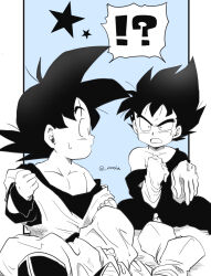 Rule 34 | !?, 2boys, age regression, aged down, boots, child, commentary request, dragon ball, dragonball z, frown, gloves, male focus, multiple boys, open mouth, oversized clothes, senka-san, shared speech bubble, son goku, speech bubble, spoken interrobang, star (symbol), sweatdrop, twitter username, vegeta