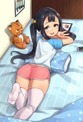 Rule 34 | 1girl, ajidot, andvari (last origin), ass, black hair, bow, dolphin shorts, from behind, green eyes, hair bow, highres, last origin, long hair, looking at viewer, looking back, lying, on bed, on stomach, open mouth, short shorts, shorts, smile, solo, stuffed animal, stuffed tiger, stuffed toy, tablet pc, thighhighs, twintails, v, white thighhighs