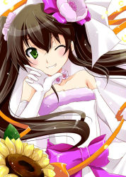 Rule 34 | 10s, brown hair, dress, elbow gloves, flower, gloves, green eyes, huang lingyin, infinite stratos, long hair, one eye closed, solo, sunflower, twintails, wedding dress, wink, yamaki suzu