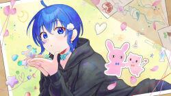 Rule 34 | 1girl, bandaid, bandaid on cheek, bandaid on face, blowing kiss, blue eyes, blue hair, blush, candy, choker, commission, copyright request, heart, heart of string, hood, hoodie, long sleeves, looking at viewer, open mouth, original, petals, photo (object), pig, rabbit, ribbon choker, screw, shell, shell hair ornament, short hair, solo, star (symbol), tokifuji kougetsu, wrapped candy