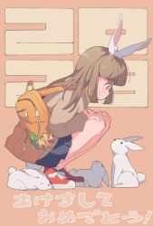 Rule 34 | 1girl, 2023, animal ears, backpack, bag, bag charm, blue skirt, brown background, brown hair, charm (object), chinese zodiac, from side, long hair, long sleeves, original, pleated skirt, profile, rabbit, rabbit ears, rabbit girl, rabbit tail, red eyes, red footwear, shimazaki1152, shoes, simple background, skirt, sneakers, squatting, tail, white rabbit (animal), year of the rabbit