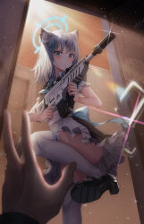 Rule 34 | 1girl, 1other, alternate costume, animal ear fluff, animal ears, assault rifle, blue archive, caba (caba091), convenient censoring, duplicate, finger on trigger, gun, hair ornament, hairclip, halo, holding, holding gun, holding weapon, magazine (weapon), maid, pixel-perfect duplicate, rifle, shiroko (blue archive), shoes, sig sauer 556, suppressor, thighhighs, trigger discipline, upskirt, weapon, wolf ears, wolf girl