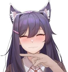 1girl 1other :3 ^_^ animal_ears blazer blush brown_jacket cat_ears closed_eyes closed_mouth collared_shirt commentary_request doki_doki_literature_club facing_viewer hair_between_eyes hair_ornament hairclip himal jacket korean_commentary long_hair neck_ribbon pov pov_hands purple_eyes purple_hair red_ribbon ribbon school_uniform shirt simple_background smile solo_focus white_background white_shirt yuri_(doki_doki_literature_club)