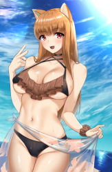 Rule 34 | 1girl, :d, absurdres, alternate breast size, animal ears, bare shoulders, bikini, black bikini, blue sky, blunt bangs, blush, breasts, brown hair, brown scrunchie, cleavage, clothes lift, cloud, collarbone, commentary, commission, cowboy shot, day, english commentary, fang, fingernails, frilled bikini, frills, groin, highres, holo, kisaragi tsurugi, large breasts, long fingernails, long hair, looking at viewer, mixed-language commentary, navel, ocean, open mouth, outdoors, pixiv commission, red eyes, sarong, sarong lift, scrunchie, see-through, sidelocks, sky, smile, solo, spice and wolf, standing, stomach, sunlight, sweat, swimsuit, underboob, v, wolf ears, wrist scrunchie