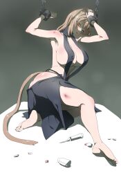 Rule 34 | 1girl, absurdres, animal ears, ass, backless dress, backless outfit, barefoot, bdsm, bondage, bound, breasts, cleavage, cuffs, dress, drugged, heterochromia, highres, injury, large breasts, original, partially undressed, shackles, sigyongtoggi, solo, tail, thighs