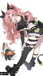 Rule 34 | 1girl, :d, absurdres, ass, bare shoulders, bent over, black footwear, black jacket, black ribbon, black shorts, black thighhighs, boots, clothing cutout, commentary request, cropped jacket, cutoffs, green eyes, hair ribbon, highres, jacket, long hair, long sleeves, looking at viewer, luanjingajing, midriff, nicole demara, open mouth, pink hair, ribbon, short shorts, shorts, shoulder cutout, simple background, single thighhigh, smile, solo, standing, thighhighs, thighs, two side up, very long hair, white background, zenless zone zero