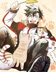 Rule 34 | 1boy, animal, animal hands, artist name, bandaid, bandaid on face, bandaid on nose, black eyes, black hair, bruise, bruise on face, cat, cat paws, commentary request, fang, feathers, gradient background, hair between eyes, hajime no ippo, hand up, holding, holding animal, holding cat, holding feather, injury, jacket, jin akhr, long sleeves, looking at viewer, male focus, one eye closed, open mouth, panicking, pants, short hair, sitting, smile, solo, squeezing, track jacket, track pants, watercolor background, whiskers