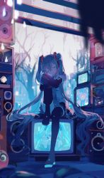 Rule 34 | 1girl, absurdly long hair, aqua hair, aqua nails, aqua necktie, arms on knees, backlighting, bare shoulders, blouse, blurry, blurry background, book, bookshelf, close-up, closed eyes, crossed arms, detached sleeves, hair ornament, hatsune miku, highres, hitokoto, hugging own legs, long hair, looking at viewer, miniskirt, nail polish, necktie, shirt, shoulder tattoo, sitting, sitting on object, skirt, sleeveless, sleeveless shirt, smile, solo, speaker, stool, tagme, tattoo, television, thighhighs, tree, twintails, very long hair, vocaloid