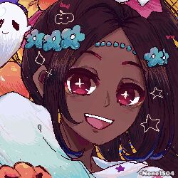 Rule 34 | :d, artist name, brown hair, dark-skinned female, dark skin, fire emblem, fire emblem engage, fire emblem heroes, ghost, looking at viewer, nintendo, none1504, official alternate costume, open mouth, pixel art, red eyes, smile, star-shaped pupils, star (symbol), symbol-shaped pupils, teeth, timerra (fire emblem), timerra (halloween) (fire emblem), upper body, upper teeth only
