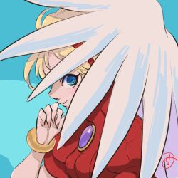 Rule 34 | 1girl, angel wings, anzuni (marblefrog), blonde hair, blue eyes, bracelet, breasts, breath of fire, breath of fire iii, brooch, closed mouth, dress, feathered wings, hairband, heart, heart brooch, highres, jewelry, looking at viewer, medium breasts, nina (breath of fire iii), puffy sleeves, short hair, simple background, smile, solo, white wings, wings