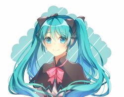 Rule 34 | 1girl, aryuma772, black bow, black capelet, blue eyes, blue hair, bow, bowtie, capelet, closed mouth, hair between eyes, hair bow, hatsune miku, highres, long hair, pink bow, pink bowtie, shirt, smile, solo, twintails, upper body, very long hair, vocaloid, white background, white shirt