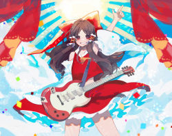 Rule 34 | 1girl, arm up, blue background, blush, bow, brown hair, cloud, confetti, cowboy shot, curtains, detached sleeves, electric guitar, frills, gibson sg, grin, guitar, hair bow, hair tubes, hakurei reimu, highres, instrument, long hair, looking at viewer, pointing, pointing up, red bow, red eyes, red shirt, red skirt, shi chimi, shirt, skirt, smile, solo, sparkle, sun, sunburst, touhou, wide sleeves, wind, yellow neckwear