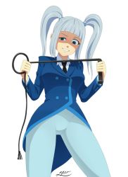 Rule 34 | 1girl, blue eyes, blunt bangs, breasts, eyebrows, formal, hair ornament, half-closed eyes, jacket, leggings, legs, looking at viewer, necktie, rkn-chan, russia, russian text, shadow, shirt, simple background, smile, solo, twintails, whip, white hair, white shirt