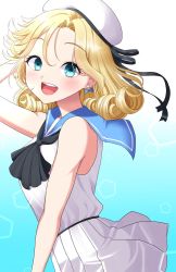 Rule 34 | 1girl, alternate costume, beret, black neckerchief, blonde hair, blue background, blue eyes, breasts, cowboy shot, dress, earrings, gradient background, hat, heart, heart earrings, highres, janus (kancolle), jewelry, kantai collection, looking at viewer, medium hair, neckerchief, open mouth, parted bangs, sailor collar, sailor dress, sailor hat, sleeveless, sleeveless dress, small breasts, smile, solo, sundress, white dress, white hat, yomogi dango