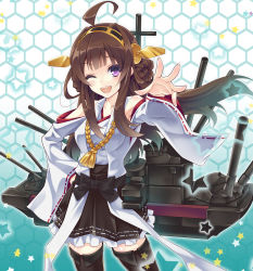 Rule 34 | 10s, 1girl, ;d, ahoge, bare shoulders, brown hair, detached sleeves, double bun, frilled skirt, frills, hairband, honeycomb (pattern), honeycomb background, honeycomb pattern, japanese clothes, kantai collection, kongou (kancolle), long hair, one eye closed, open mouth, personification, purple eyes, ribbon-trimmed sleeves, ribbon trim, skirt, smile, solo, urabi (tomatohouse), wink