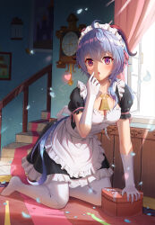 Rule 34 | 1girl, absurdres, ahoge, apron, bell, blue hair, blush, breasts, candy, chocolate, chocolate heart, clock, curtains, food, ganyu (genshin impact), genshin impact, gloves, heart, highres, horns, indoors, kneeling, long hair, looking at viewer, maid, maid apron, maid headdress, medium breasts, neck bell, open mouth, painting (object), petals, purple eyes, ruqbimo1, sidelocks, solo, stairs, thighhighs, white gloves, white thighhighs, window