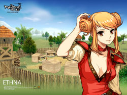 Rule 34 | 1girl, 3d, adjusting hair, belt, breasts, brown eyes, brown hair, character name, choker, cleavage, closed mouth, cloud, company name, copyright name, day, double bun, doughnut hair bun, ethna (mabinogi), fence, grass, hair bun, hand up, light smile, logo, looking at viewer, mabinogi, medium breasts, mole, mole under eye, no bra, official art, official wallpaper, orange eyes, orange hair, outdoors, scarf, short hair with long locks, shoulder pads, sidelocks, sky, smile, solo, tent, tree, upper body, watermark, web address, wooden fence