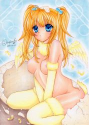 Rule 34 | 1girl, between legs, bird wings, blonde hair, blue eyes, blush, breasts, dated, egg, eggshell, feathers, female focus, gloves, hair bobbles, hair ornament, hand between legs, highres, kneeling, large breasts, long hair, looking at viewer, marker (medium), mocomoco party, nipples, original, signature, sitting, solo, swimsuit, tail, traditional media, twintails, wariza, wings, yellow gloves, yellow legwear, yellow wings