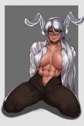Rule 34 | abs, absurdres, animal ears, boku no hero academia, breasts, glasses, highres, large breasts, milka01477, mirko, muscular, muscular female, office lady, pants, rabbit ears, red eyes, shirt, tongue, tongue out, unzipped