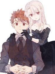 Rule 34 | 1boy, 1girl, alternate costume, black dress, black gloves, black necktie, black skirt, black suit, black vest, brother and sister, buttons, closed mouth, collarbone, commentary, dress, emiya shirou, fate/stay night, fate (series), fingernails, formal, gloves, hair between eyes, hands on another&#039;s face, hands on another&#039;s shoulder, highres, illyasviel von einzbern, lips, long hair, long sleeves, looking at viewer, machi (uqyjee), necktie, off-shoulder dress, off shoulder, orange eyes, orange hair, own hands together, pink lips, pointy hair, red eyes, short hair, siblings, silver hair, simple background, skirt, smile, suit, vest, white background