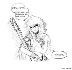 Rule 34 | 1girl, anti-materiel rifle, artist name, bolt action, breasts, bullpup, coat, commentary request, crossed bangs, dated, girls&#039; frontline, gloves, gun, hair between eyes, hair ornament, hairclip, holding, holding gun, holding weapon, iws 2000 (girls&#039; frontline), korean commentary, korean text, large breasts, long hair, looking to the side, madcore, military coat, monochrome, needlegun, prototype design, rifle, simple background, smile, sniper rifle, solo, steyr iws 2000, sweatdrop, translation request, triangle mouth, turn pale, upper body, weapon, white background