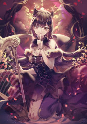 Rule 34 | 1girl, absurdres, arch, asymmetrical legwear, black dress, black footwear, black hair, black legwear, breasts, brown background, brown eyes, brown sky, caing zhihuang, cleavage, cloud, dress, artistic error, finger to mouth, harp, highres, horns, index finger raised, instrument, kneeling, long hair, outdoors, petals, solo, sun, uneven legwear