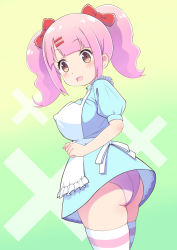 Rule 34 | 1girl, apron, bow, breasts, brown eyes, commentary request, copyright request, gradient background, green background, hair bow, hair ornament, hairclip, large breasts, looking at viewer, meow (nekodenki), open mouth, panties, pantyshot, pink hair, pink panties, red bow, solo, striped clothes, striped thighhighs, thighhighs, twintails, underwear, white apron, white thighhighs, yellow background