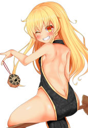 Rule 34 | &gt;:), &gt;;), 1girl, ;), ass, back, back cutout, back focus, backless outfit, bare back, blonde hair, blush, breasts, broom, broom riding, butt crack, clothing cutout, female focus, from behind, grin, highres, kirisame marisa, lips, long hair, looking at viewer, mini-hakkero, no bra, no panties, one eye closed, petite, sideboob, small breasts, smile, solo, team shanghai alice, tokoya, touhou, v-shaped eyebrows, yellow eyes
