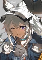 Rule 34 | 1girl, ;), absurdres, animal ears, arknights, black collar, black shirt, blue jacket, collar, collared shirt, grani (arknights), grey background, grey hair, hair between eyes, highres, horse ears, infection monitor (arknights), jacket, long hair, looking at viewer, one eye closed, open clothes, open jacket, ponytail, purple eyes, shirt, simple background, smile, solo, star (symbol), twice12314, upper body, v-shaped eyebrows, visor cap, visor lift