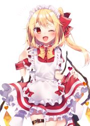 Rule 34 | 1girl, ;d, apron, black footwear, blonde hair, bow, bowtie, chisiro unya (unya draw), commentary request, crystal, fang, flandre scarlet, hair ribbon, heart, highres, looking at viewer, medium hair, one eye closed, one side up, open mouth, red eyes, red nails, red ribbon, ribbon, short sleeves, simple background, smile, socks, solo, touhou, white apron, white background, white socks, wrist cuffs, yellow bow, yellow bowtie