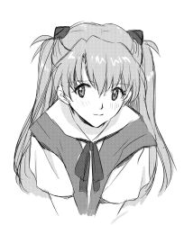Rule 34 | 1girl, arms under breasts, blush, bow, bowtie, collarbone, collared shirt, dress shirt, greyscale, highres, interface headset, long hair, looking at viewer, monochrome, neon genesis evangelion, school uniform, shirt, simple background, skirt, smile, solo, souryuu asuka langley, suspender skirt, suspenders, tokyo-3 middle school uniform, two side up, unihotate0329