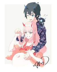 Rule 34 | 10s, 1boy, 1girl, bare shoulders, black hair, blue eyes, blue horns, blush, breasts, cleavage, collarbone, commentary, couple, darling in the franxx, english text, fang, floral background, fur trim, green eyes, hair ornament, hairband, hand on another&#039;s arm, hand on another&#039;s stomach, hawaiian shirt, hetero, hiro (darling in the franxx), holding hands, horns, hug, hug from behind, long hair, long sleeves, medium breasts, navel, one eye closed, oni horns, orange skirt, pink hair, pregnant, purple shirt, red horns, shirt, short hair, signature, skirt, sleeveless, sleeveless shirt, sleeves rolled up, stomach, white hairband, zero two (darling in the franxx)