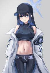Rule 34 | 1girl, absurdres, armband, bare shoulders, baseball cap, belt, black belt, black gloves, black hair, black hat, black pants, black shirt, blue archive, blue eyes, blunt bangs, breasts, buckle, chest harness, closed mouth, coat, commentary, cowboy shot, crop top, gloves, gluteal fold, grey background, groin, halo, hand in pocket, harness, hat, hhsan, highres, long hair, looking at viewer, medium breasts, midriff, navel, no mask, off shoulder, pants, saori (blue archive), shirt, simple background, sleeveless, sleeveless shirt, smile, snap-fit buckle, solo, standing, thigh gap, underbust, white coat