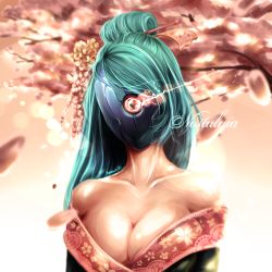 Rule 34 | 1girl, bare shoulders, breasts, cleavage, collarbone, cyborg, cyclops, detached sleeves, geisha, glowing, glowing eye, green hair, hair ornament, hairpin, half updo, hannah santos, japanese clothes, kimono, large breasts, long hair, off shoulder, one-eyed, original, pink background, red eyes, solo