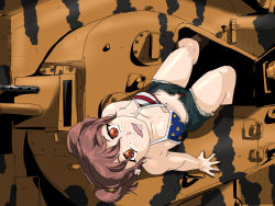 Rule 34 | 10s, 1girl, alisa (girls und panzer), arm support, breasts, brown eyes, brown hair, cleavage, cutoff jeans, cutoffs, from above, girls und panzer, girls und panzer ribbon no musha, m22 locust, military, military vehicle, motor vehicle, raia (raia morgue), short twintails, smile, solo, tank, turret, twintails