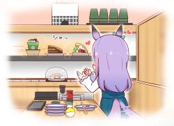 Rule 34 | 1girl, animal ears, blouse, blush, booth seating, cake, chopsticks, commentary request, conveyor belt, crepe, cup, disposable cup, dress, food, from behind, green dress, heart, highres, horse ears, horse girl, horse tail, indoors, kyou (fr39), long hair, long sleeves, mejiro mcqueen (umamusume), plate, plate stack, purple hair, shirt, skirt, solo, sparkle, tail, tail wagging, umamusume, white shirt