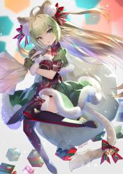 Rule 34 | 1girl, :o, ahoge, animal ears, arm belt, atalanta (fate), bell, black footwear, blonde hair, boots, box, commentary request, fang, fate/grand order, fate (series), fur trim, gift, gift box, gradient hair, green eyes, green hair, highres, long hair, looking at viewer, mittens, miyuki ruria, multicolored hair, pom pom (clothes), puffy short sleeves, puffy sleeves, sack, short sleeves, solo, tail, tail bell, tail ornament, thigh boots, thighhighs
