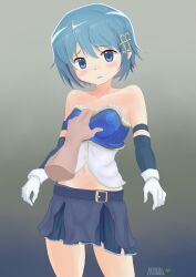Rule 34 | 1girl, absurdres, armband, artist logo, artist name, bare shoulders, belt buckle, blue eyes, blue hair, blue skirt, blush, buckle, cerealxs, collarbone, cowboy shot, disembodied hand, gloves, hair ornament, hetero, highres, looking at viewer, mahou shoujo madoka magica, male hand, miki sayaka, navel, pov, pov hands, shirt, short hair, simple background, skirt, solo focus, standing, strapless, strapless shirt, thighs, white gloves