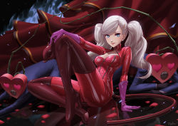 Rule 34 | 10s, 1girl, absurdres, all fours, arm support, artist name, blonde hair, blue eyes, blue fire, bodysuit, boots, breasts, carmen (persona 5), chyffon, closed mouth, earrings, familiar, fire, gloves, hair ornament, hairclip, heart, high heel boots, high heels, highres, holding, holding mask, jewelry, knee boots, long hair, looking at viewer, mask, unworn mask, medium breasts, persona, persona 5, petals, plant, purple gloves, red footwear, reflection, sitting, swept bangs, takamaki anne, thighhighs, twintails, vines