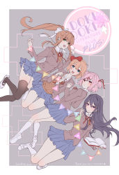 Rule 34 | 4girls, beige sweater, blazer, blue skirt, bow, brown hair, commentary, doki doki literature club, english commentary, green eyes, grey jacket, hair bow, hair ornament, hairclip, highres, jacket, long hair, lucidsky, monika (doki doki literature club), multiple girls, natsuki (doki doki literature club), orange vest, over-kneehighs, pink eyes, pink hair, ponytail, purple eyes, purple hair, red bow, ribbon, sayori (doki doki literature club), school uniform, skirt, thighhighs, twintails, vest, white bow, white ribbon, yuri (doki doki literature club)