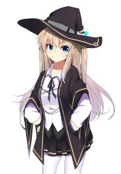 Rule 34 | 1girl, black coat, black hat, black skirt, blonde hair, blue eyes, coat, commentary, cowboy shot, hands on own hips, hat, highres, long hair, long sleeves, looking at viewer, original, pantyhose, pleated skirt, shirt, sidelocks, simple background, skirt, sleeve cuffs, solo, symbol-only commentary, two side up, white background, white pantyhose, white shirt, witch hat, zzb