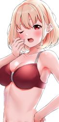 Rule 34 | 1girl, absurdres, armpits, bad id, bad pixiv id, blonde hair, blush, bob cut, bra, breasts, clenched hand, collarbone, hand on own hip, hand to own mouth, highres, large breasts, looking at viewer, lycoris recoil, navel, nishikigi chisato, one eye closed, open mouth, red bra, red eyes, shiny skin, short hair, simple background, solo, stomach, totoki86, underwear, upper body, white background, yawning
