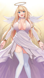 Rule 34 | 1girl, absurdres, ahoge, angel, angel wings, bad id, bad pixiv id, blonde hair, blue eyes, breasts, cccpo, detached sleeves, dress, halo, highres, large breasts, long hair, open mouth, original, solo, thighhighs, wings
