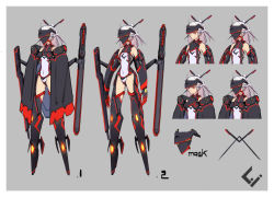 Rule 34 | 1girl, armor, bare shoulders, boots, cape, character sheet, closed mouth, covered navel, gauntlets, grey background, hair ornament, hairpin, legs apart, leotard, long hair, mecha musume, multiple views, navel, original, pink hair, ponytail, red eyes, sawawse, simple background, standing, visor (armor), white leotard